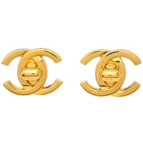 Chanel CC Turnlock Earrings Clip-On Gold Large - Picture 1 of 4